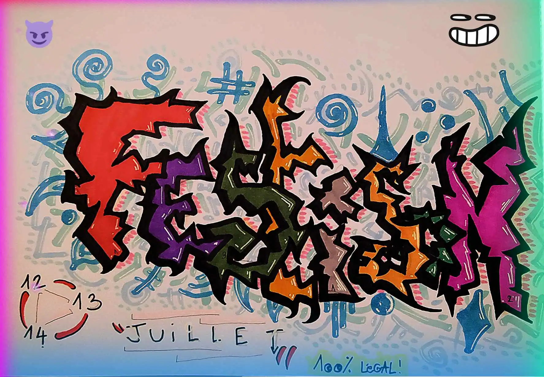 Affiche inscrite en gros d’un « FESTISON » dans une police stylisée (esthétique classique d’un graff) dans des couleurs agressives, en dessous de quoi il est écrit « 12, 13, 14 JUILLET », « 100 % LÉGAL »